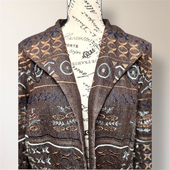Coldwater Creek W18 Brown Embroidered Beaded Jacket Boho Artsy Open Front Blazer - Picture 4 of 8